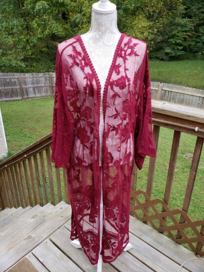 Embroidered Mesh Midi Kimono - Curvy - Multiple Colors