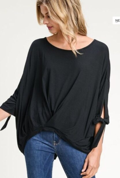 Solid Black Top with wide neckline and tie sleeve